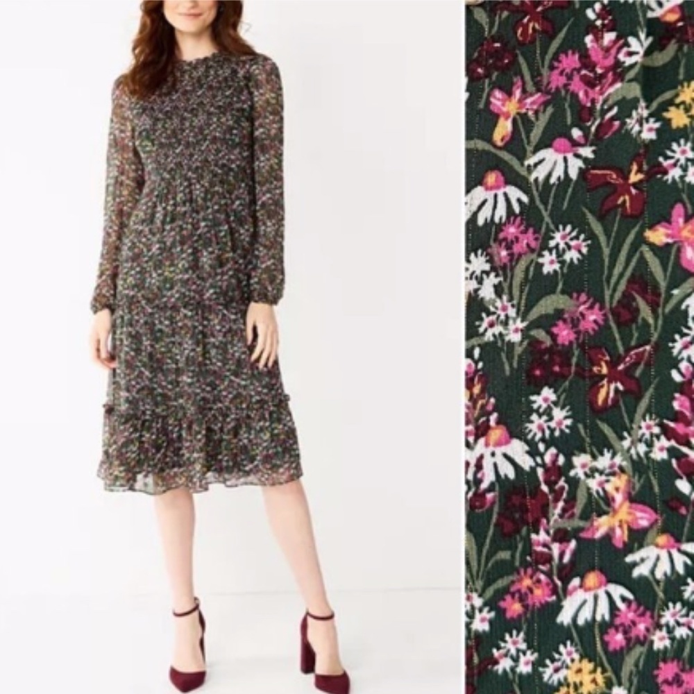 Draper James RSVP  Floral Smocked Tiered Midi  Dress Dark  Green Size M